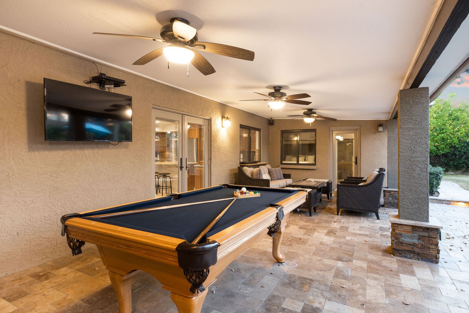 Sheltered Outdoor Entertainment Area w/ Seating, Pool Table & Mounted TV