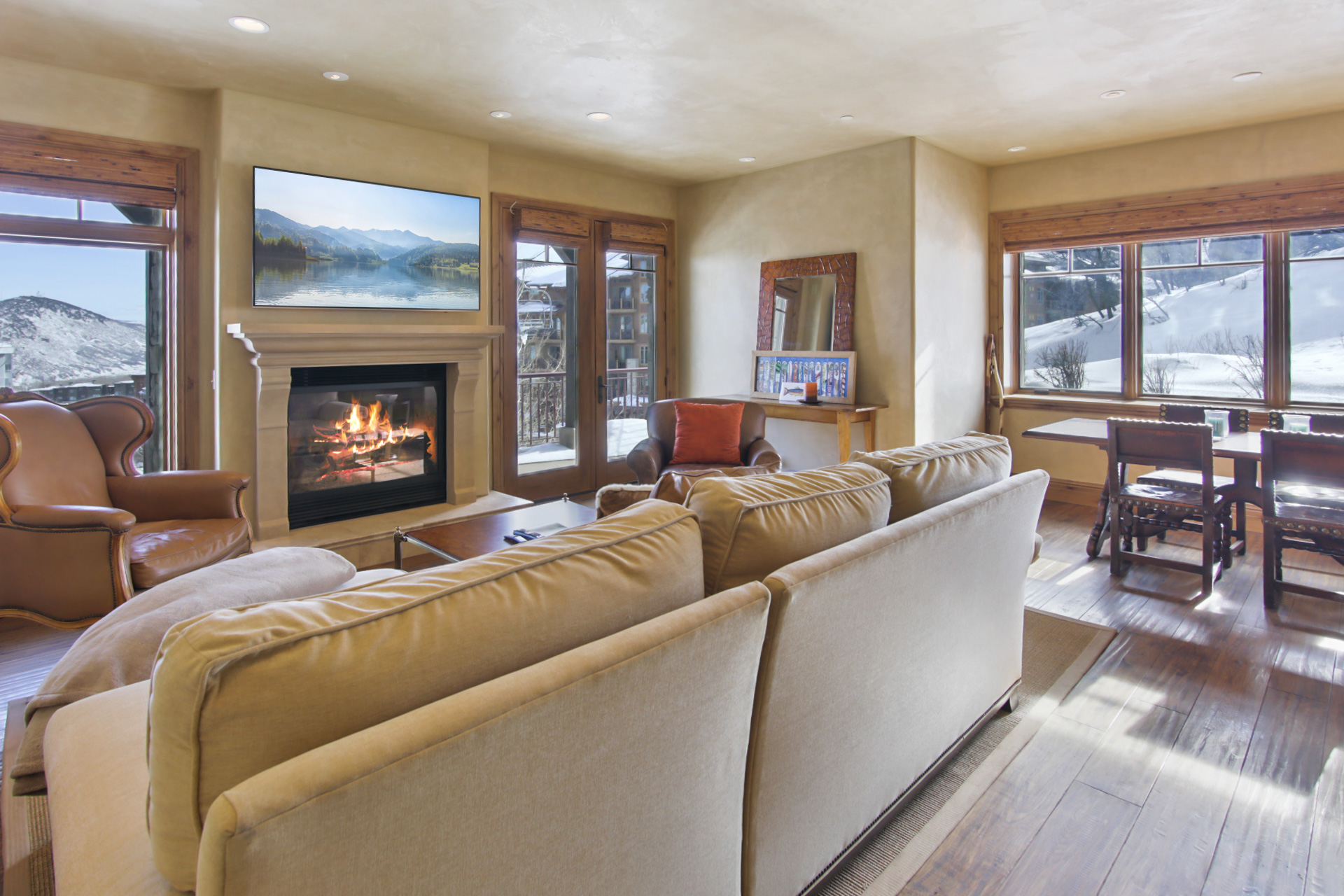 Living room with views of ski trails