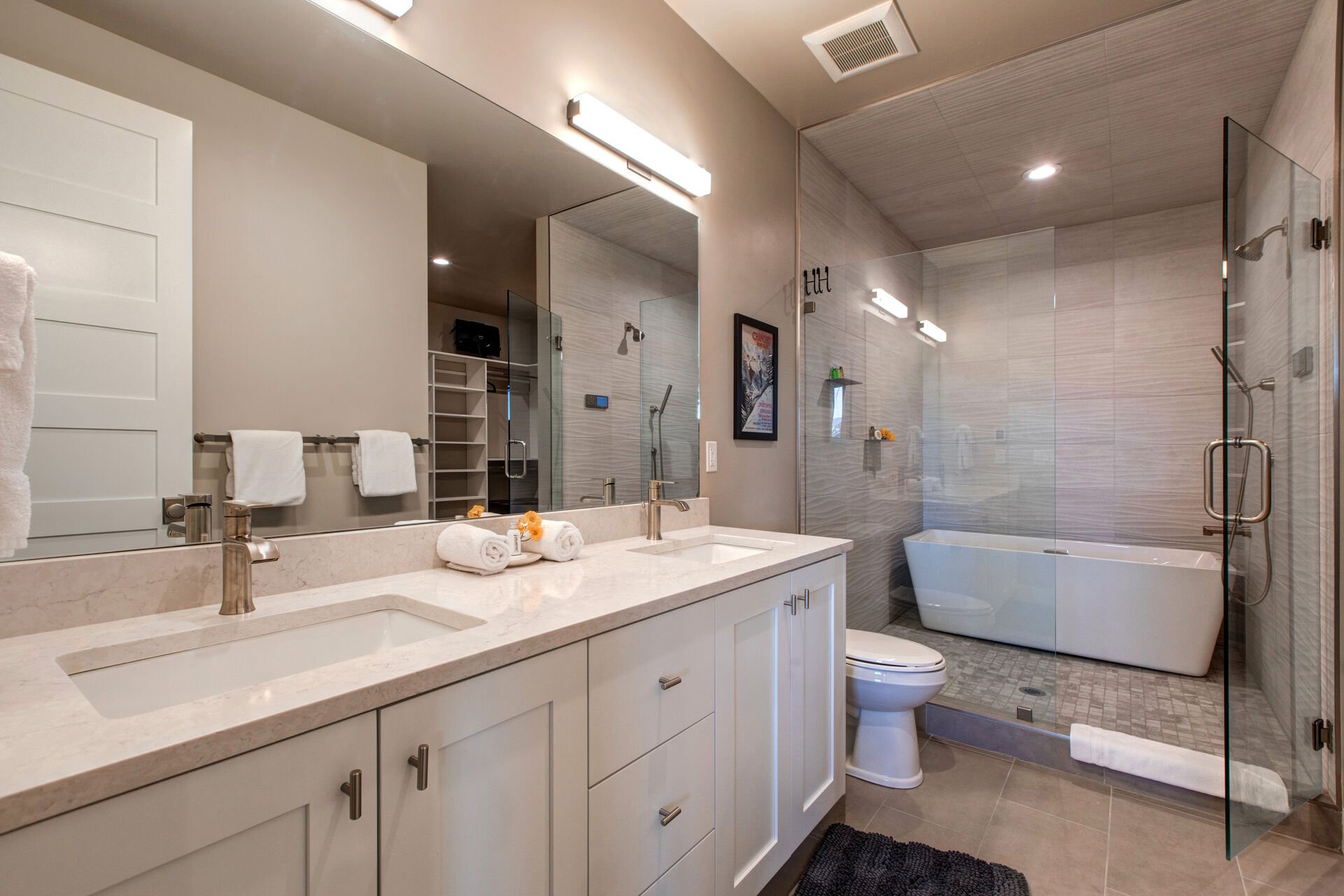 Grand Master En Suite Bath with Two Sinks, Oversized Shower with Multiple Shower Heads