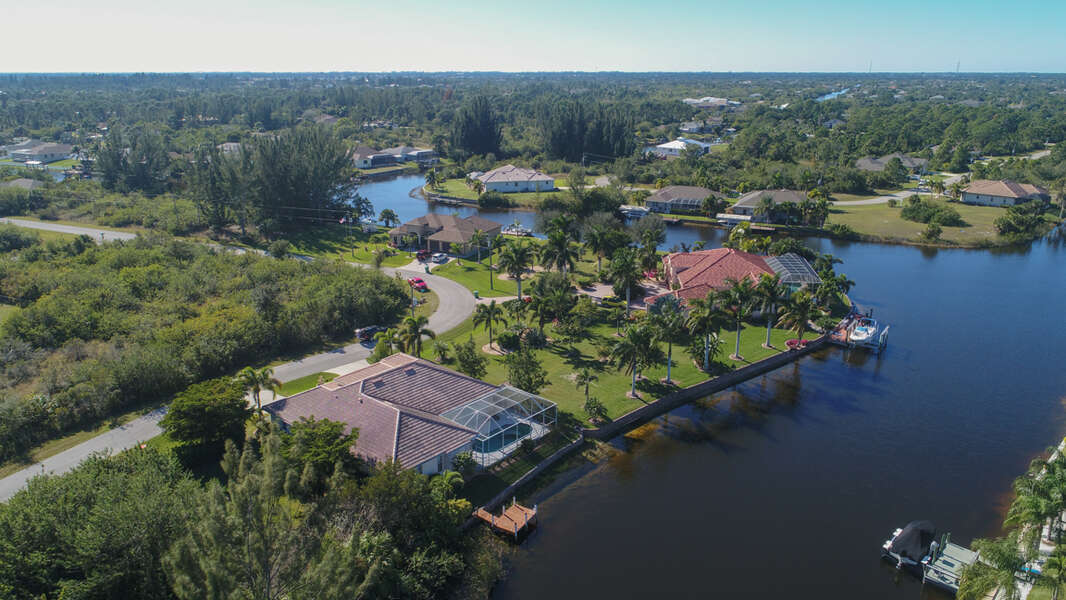 Aerial view of the property and canal access
