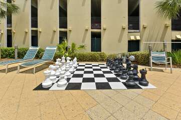 Outdoor chess on the pool deck
