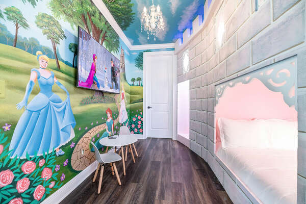 Princesses will feel like they are in a fairytale as they retreat to their castle with a double/double bunk bed