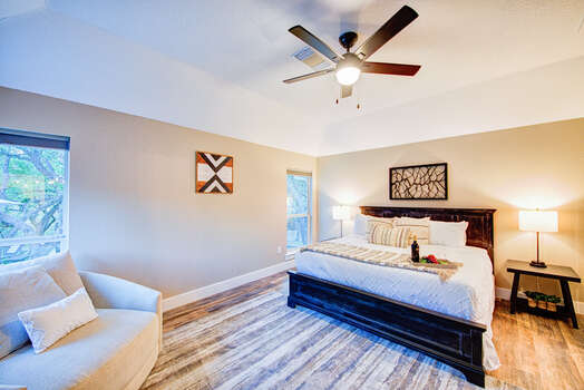 Grand master bedroom suite with king bed, 65