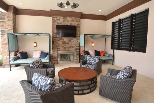 On-site facilities:- Patio area with fireplace and wall mounted flatscreen TV.  Plenty of comfortable seating, should you need a break from the sun