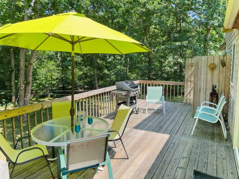 Back deck with grill, dining table and outdoor shower - 75 Candlewood Drive-Eastham-Cape Cod -
