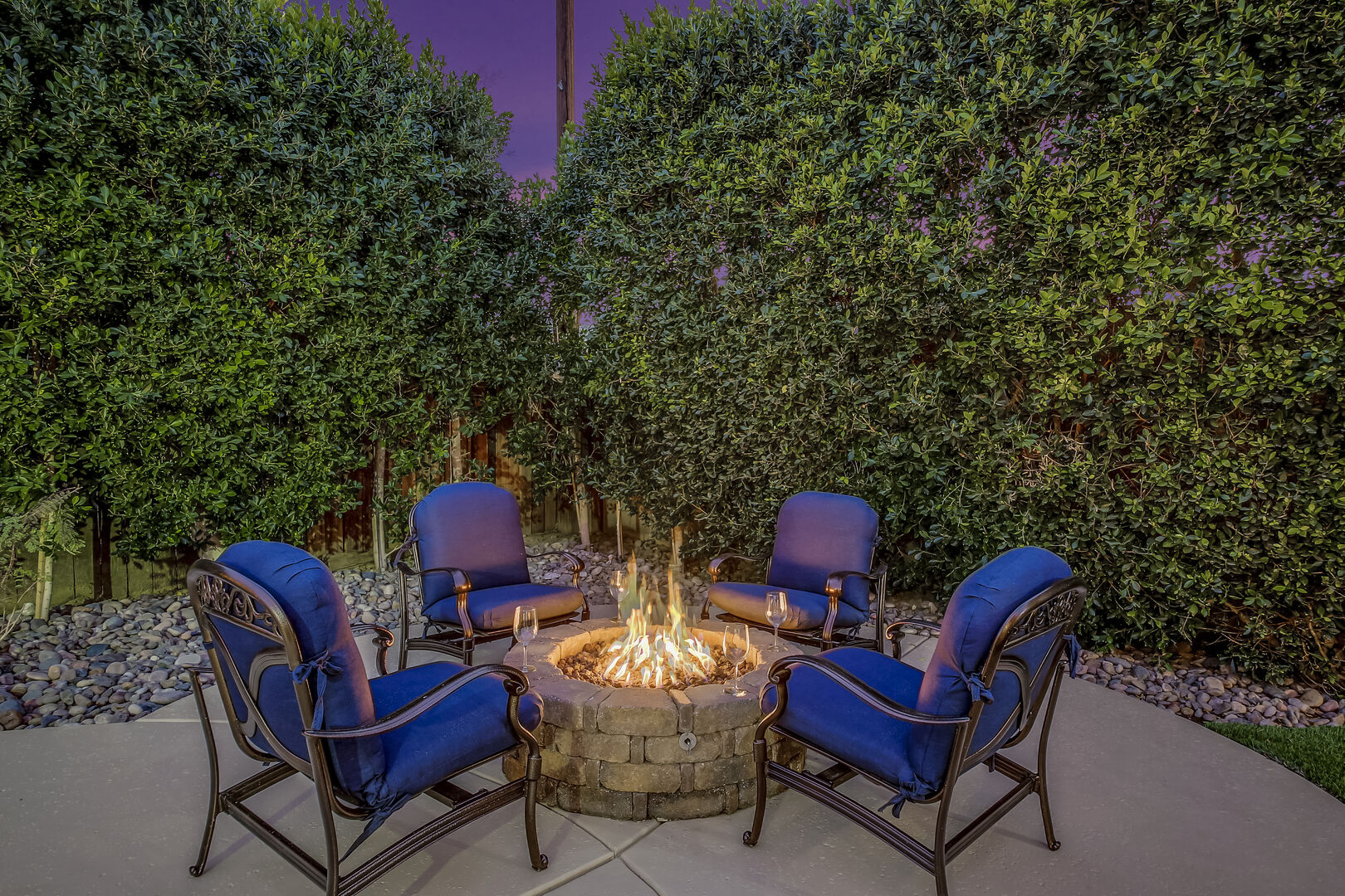 Sip on your favorite wine by the natural gas fire-pit with seating for four.