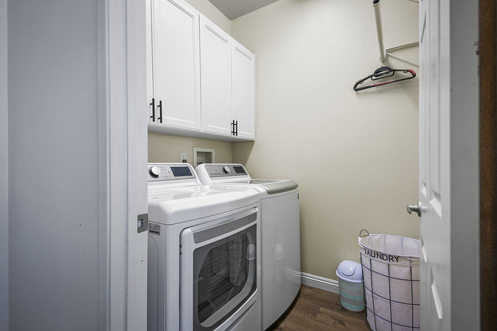 This home offers a washer and dryer with laundry pods included.