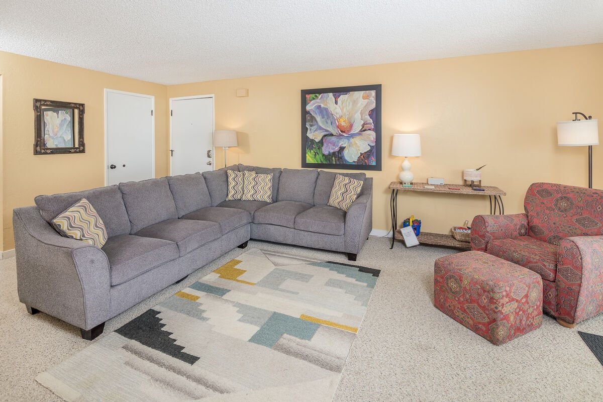 Plenty of space to sprawl out on the couch and relax, or stretch out on the rug!