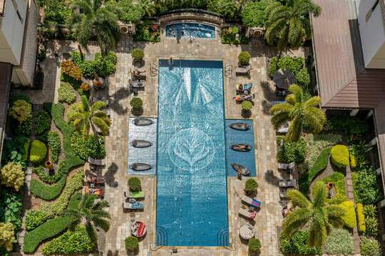 aerial view of lap pool with loungers