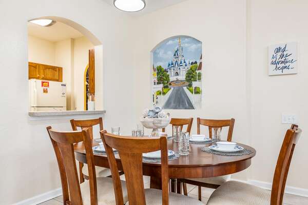 Gather together for meals at the dining room table that seats 6