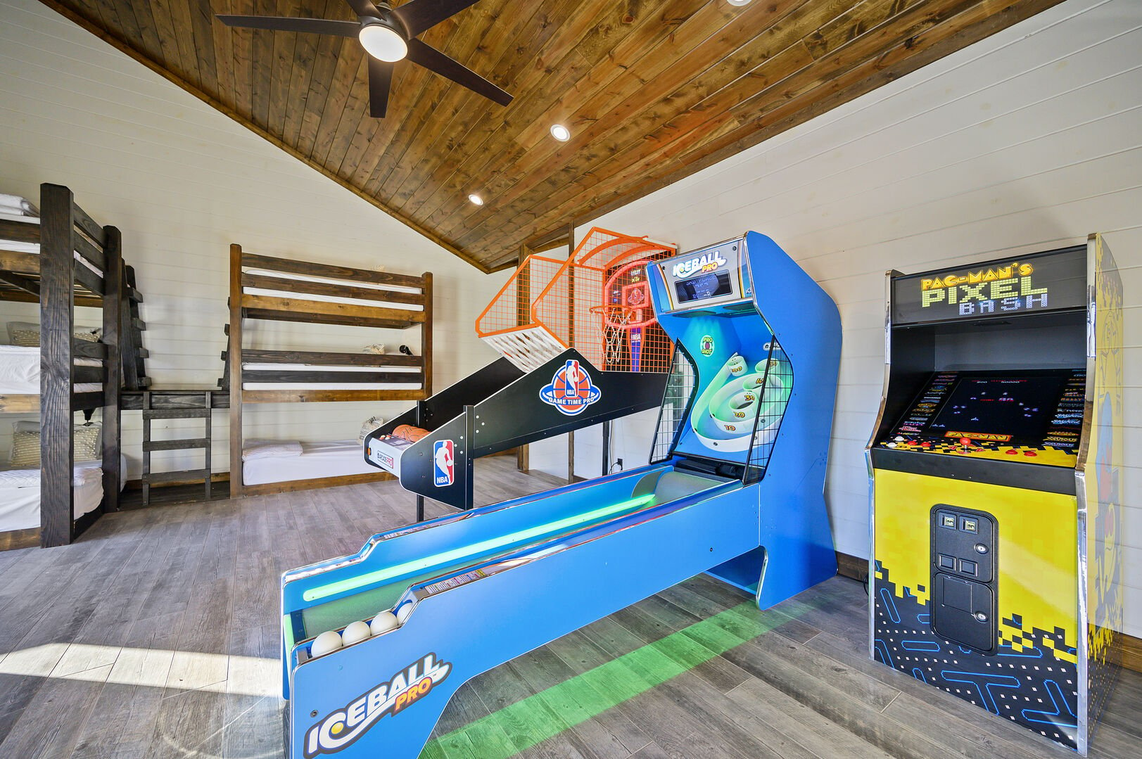 Game room includes a 6 bunk, basketball, ski ball, and arcade games