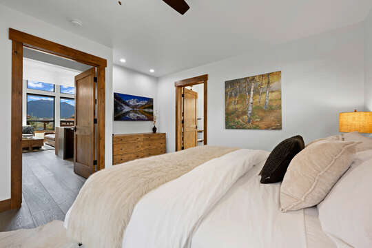 Main level master bedroom with attached private bathroom and 50 inch smart TV