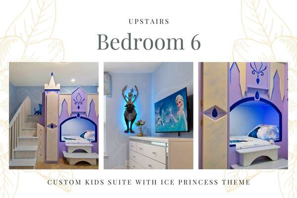 Upstairs kid suite with custom bunk beds and streaming TV