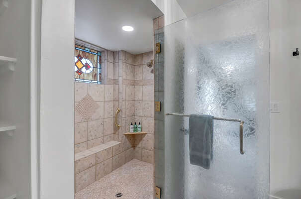 Large Walk in Shower with Beautiful Stained Glass