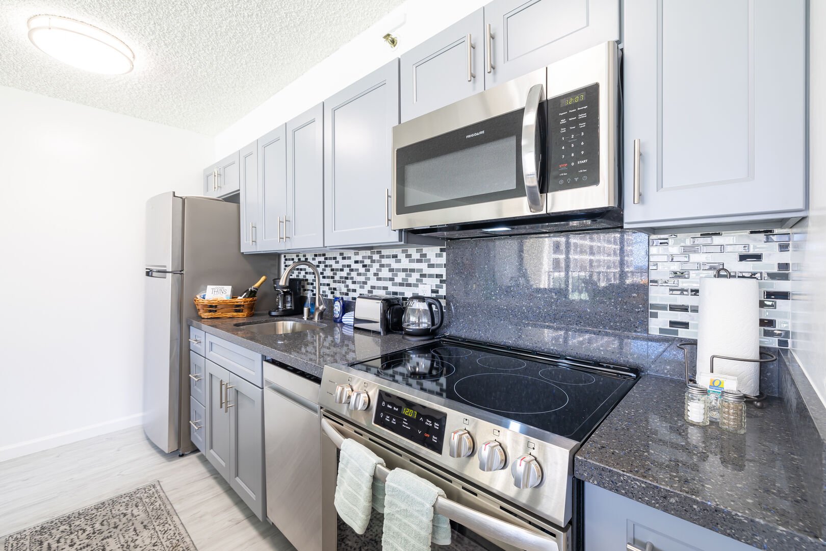 Fully equipped kitchen with stainless steel appliances and dishwasher