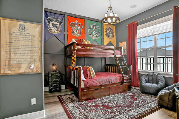 Kids will love this wizarding-themed bedroom on the second floor