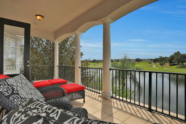 Enjoy beautiful water and golf course views from your private balcony