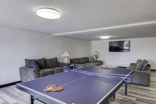 Lower level family/game room with a smart TV and ping pong table