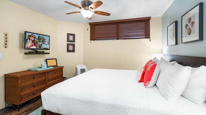 Bedroom with King bed, TV, Ceiling Fan