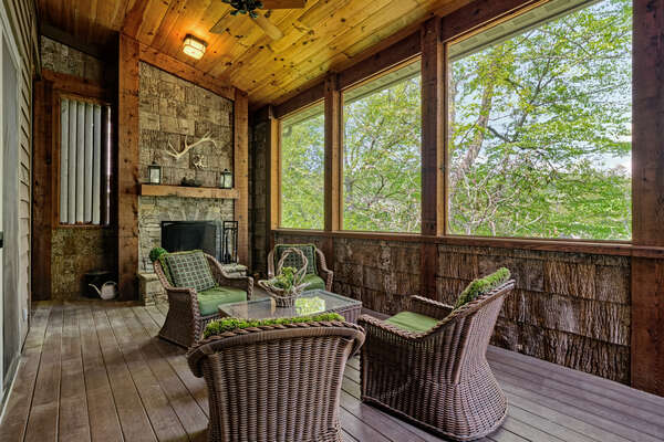 Deck with wood-burning fireplace