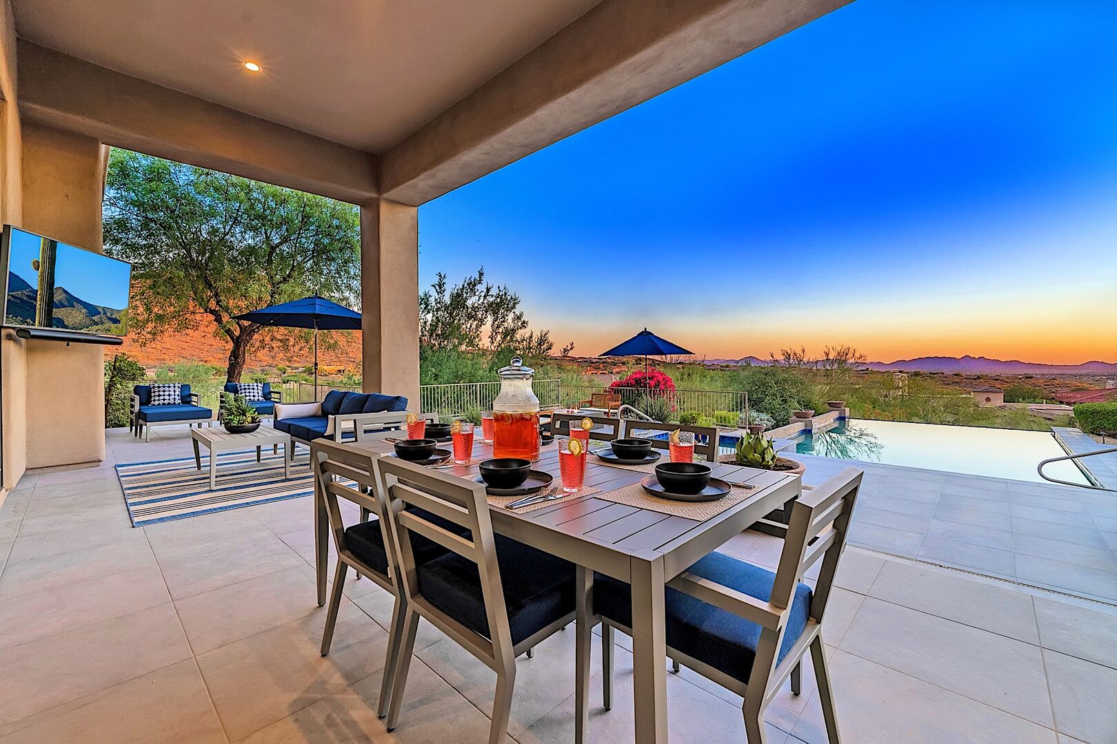 Outdoor dining area at sunset