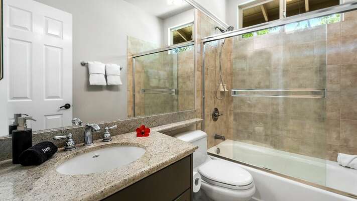 Guest bathroom with shower/tub combo. Located on the lower level.
