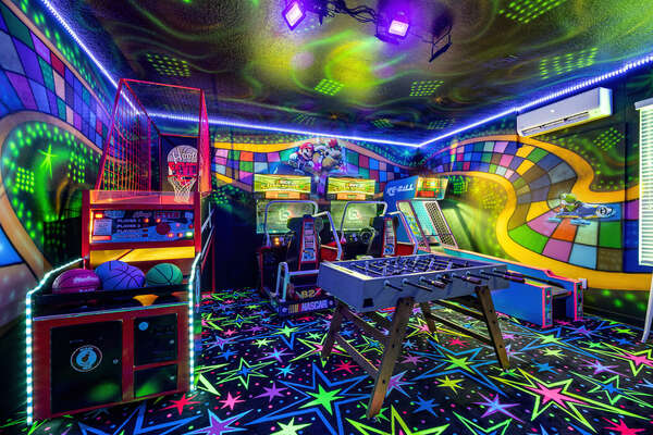 The Mario Kart-themed game room will provide excitement for all ages with Hoop Fever basketball, air hockey, dual Nascar racers, skee-ball, and a foosball table