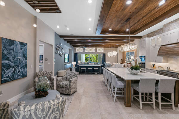 Everyone can join together in this open kitchen and dining area