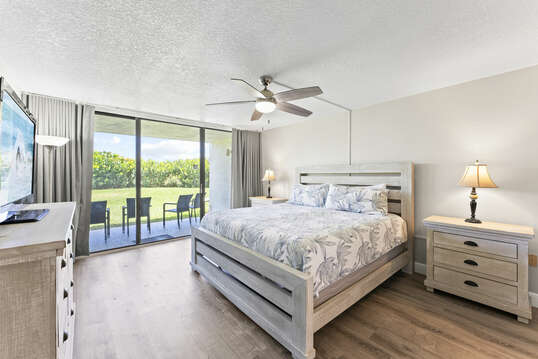 Serene master ensuite with King bed, TV, closet and walk out to oceanfront patio!