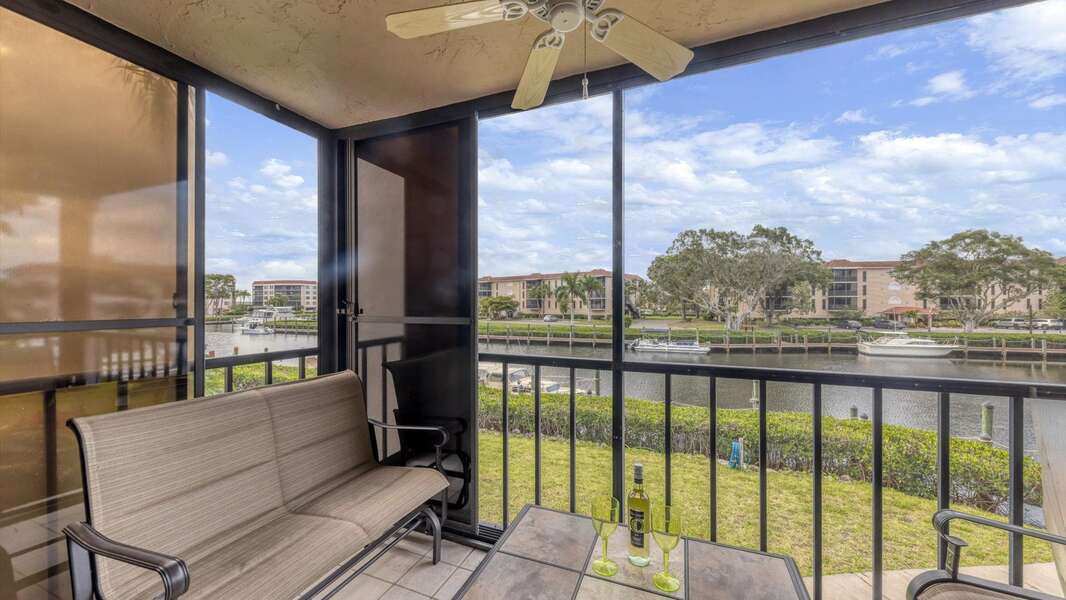 Private balcony overlooking the peaceful canal and docks