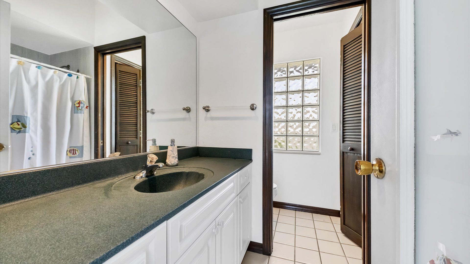 Full bathroom with shower off the lanai and pool. No access from inside the house.