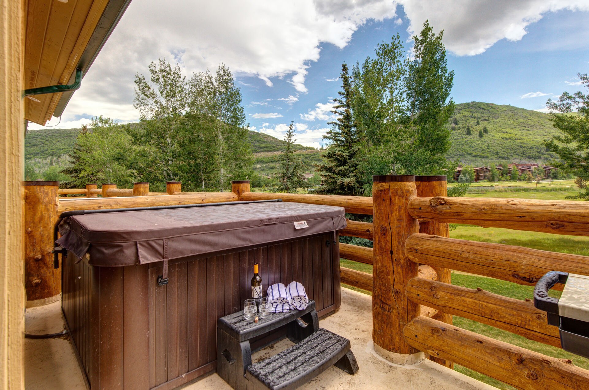 Private Hot Tub Patio overlooking Deer Valley Resort with BBQ grill and outdoor furnishings
