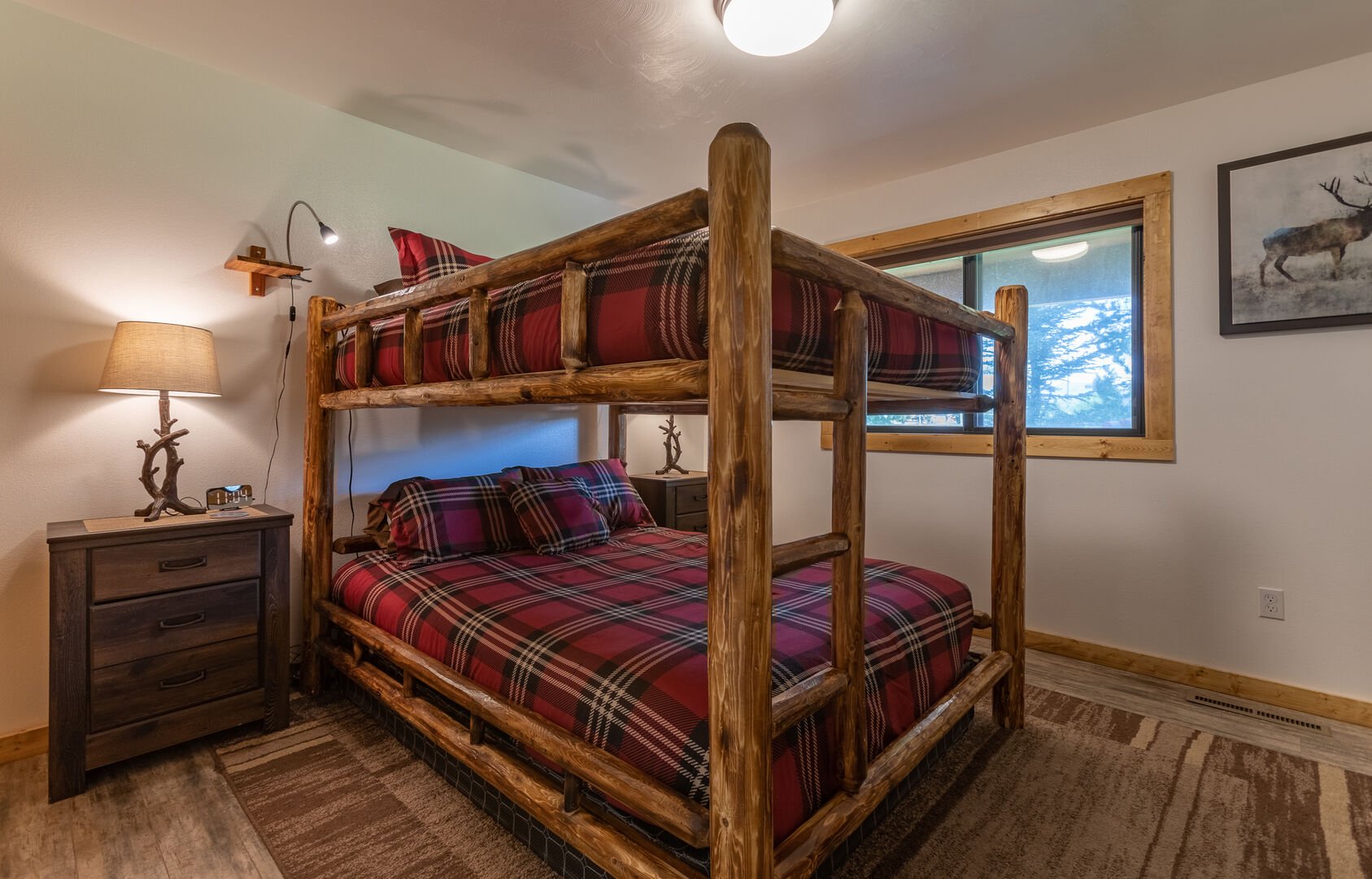 Deer View ~ bedroom #2 on main level w/ queen over queen bunk bed and Smart TV