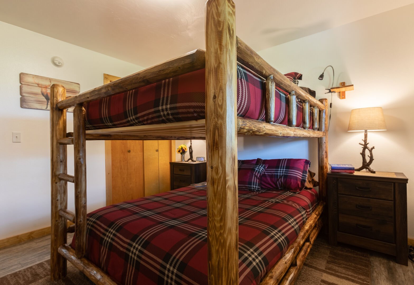Deer View ~ bedroom #2 on main level w/ queen over queen bunk bed and Smart TV