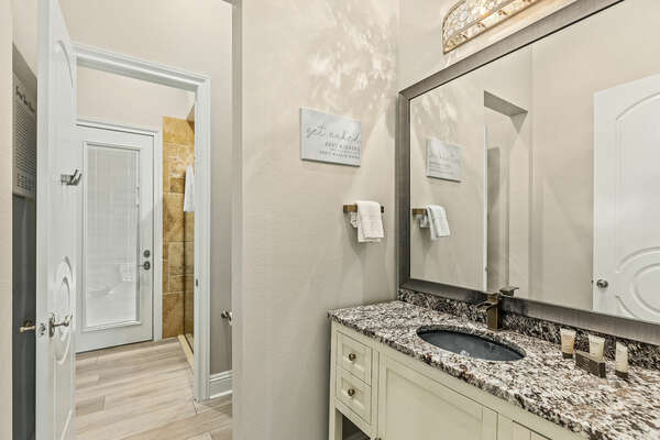 The family bathroom located on the first floor includes a walk in shower. Adjacent to Suite #4.