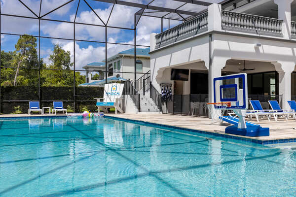 Access the second floor balcony from the pool area