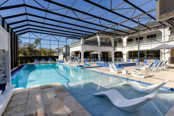 A gorgeous 65-ft south-facing pool ensures that you will have sun all day