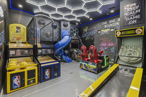 The 1st games room brings more enjoyment for the family!Included is a playroom with spiral slide. 2x basketball arcades, Terminator arcade, Skee-ball machine and Space Invaders!