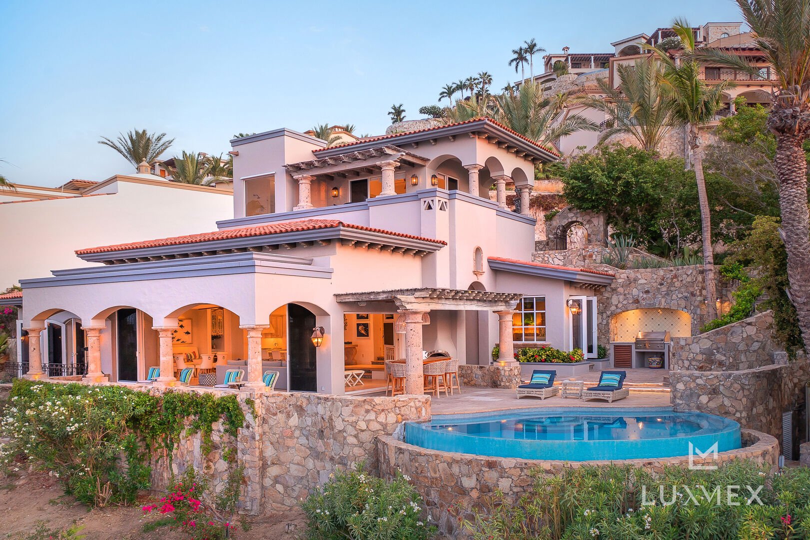 An external view of this Los Cabos Luxury Vacation Villa, showing the elevated pool.