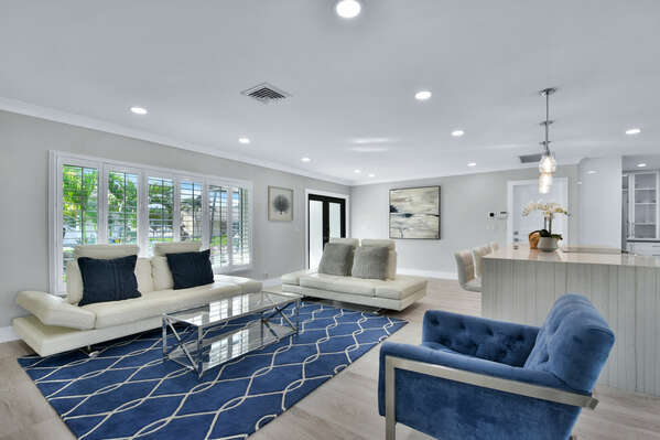 Open plan interior with high end furnishings throughout.