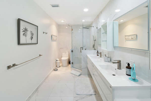 En-suite to Bedroom 1 
Twin Sinks
Walk in shower
Fresh Towels supplied