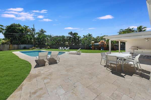 Heated pool, seating and lounge areas make this garden easy to enjoy.
