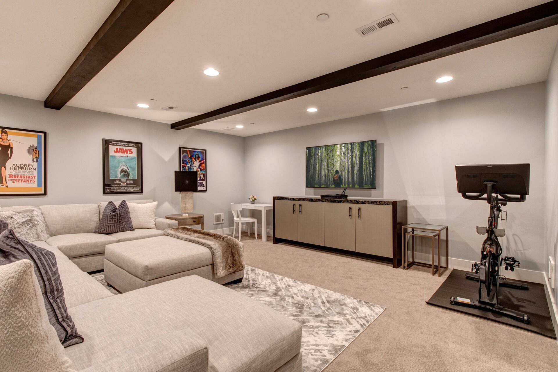 Lower Level Theatre Room with over-sized sectional, Peloton bike, work desk, and 65