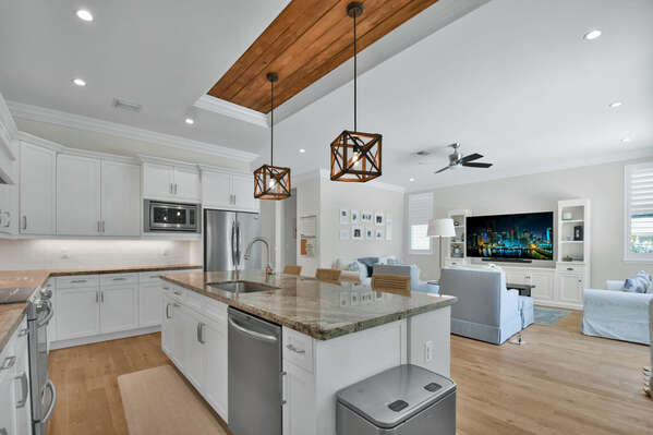 Open plan living area with modern kitchen and furnishings throughout