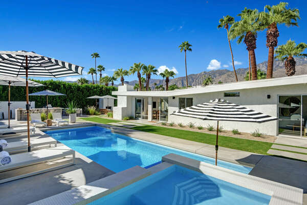 WELCOME TO PARADISE IN PALM SPRINGS!  TOTALLY PRIVATE COMPOUND WITH EXPANSIVE MOUNTAIN VIEWS, POOL, SPA, OUTDOOR KITCHEN, FIREPIT, INDOOR AND OUTDOOR FIREPIT AND MORE!