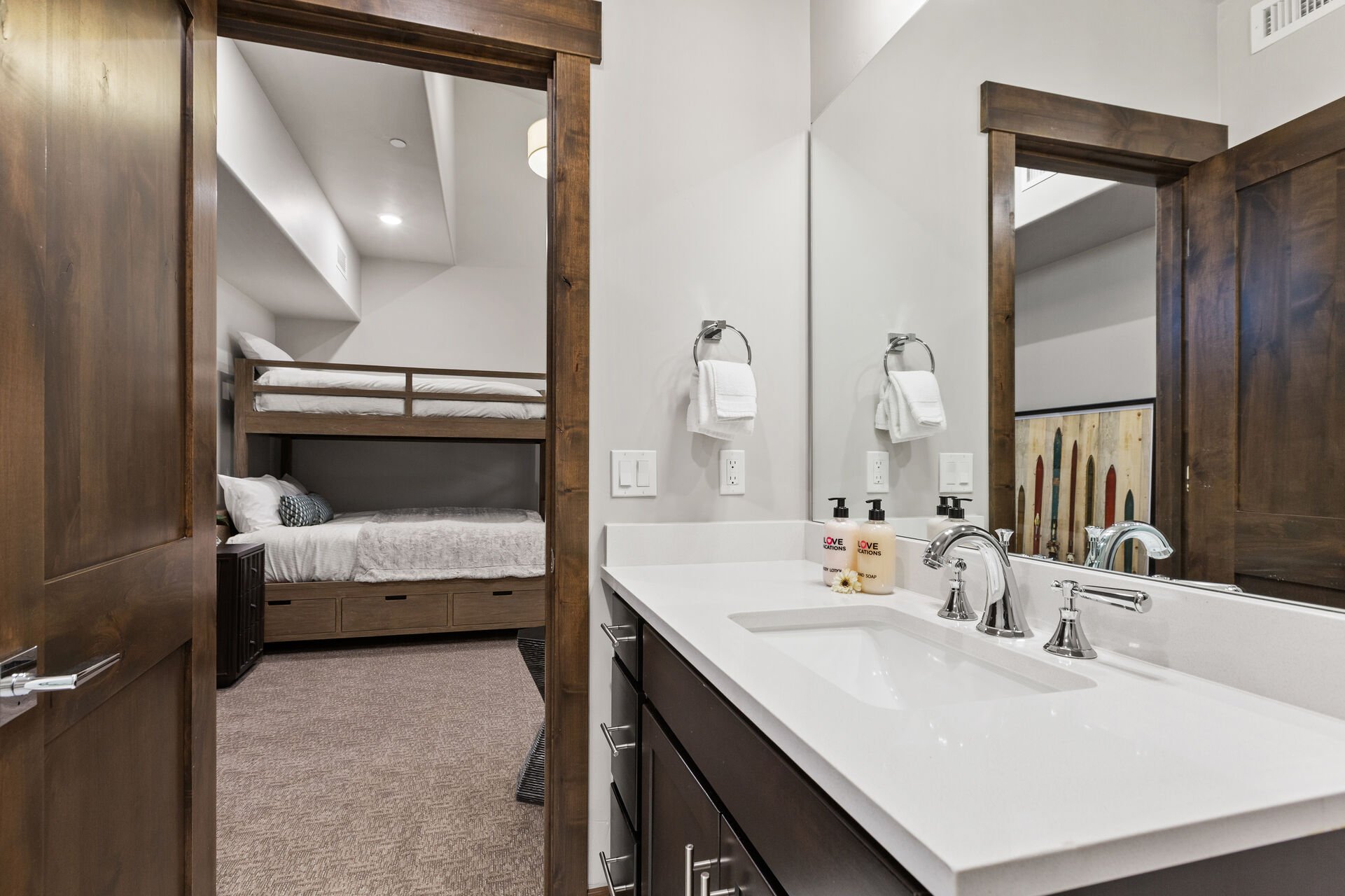 Bedroom 3 Twin over Queen bunk bed with Queen-sized sleeper sofa, and en suite bathroom with shower