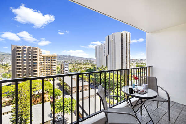 Balcony with city and  mountain view