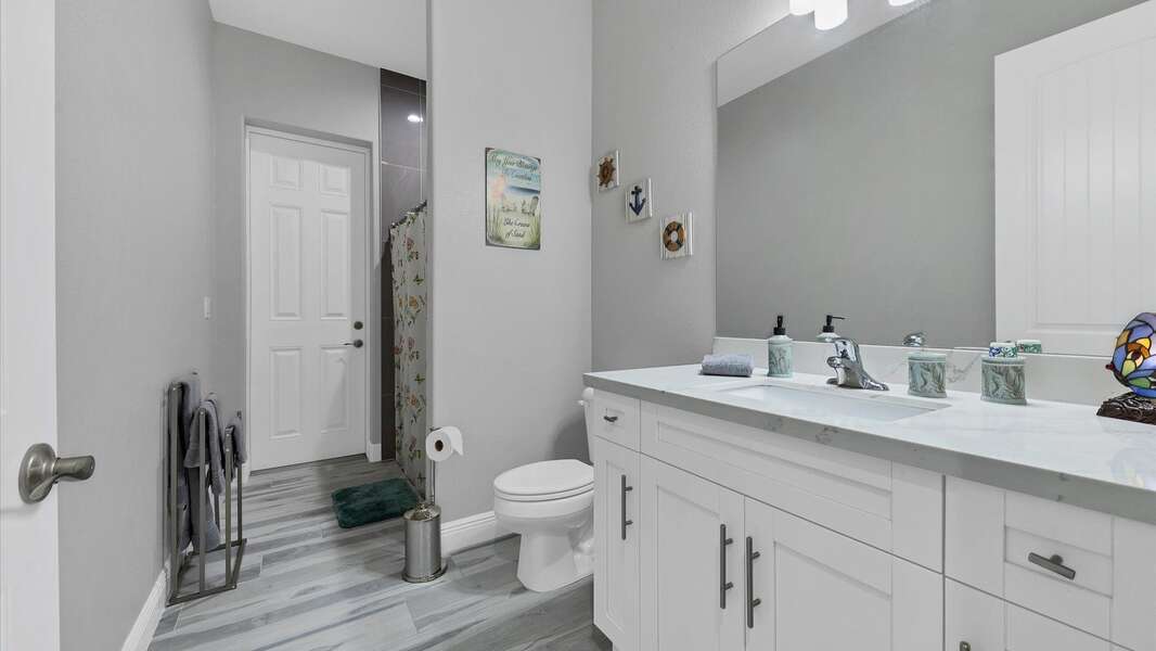 Spacious guest bathroom with lanai access and walkin (step down) shower