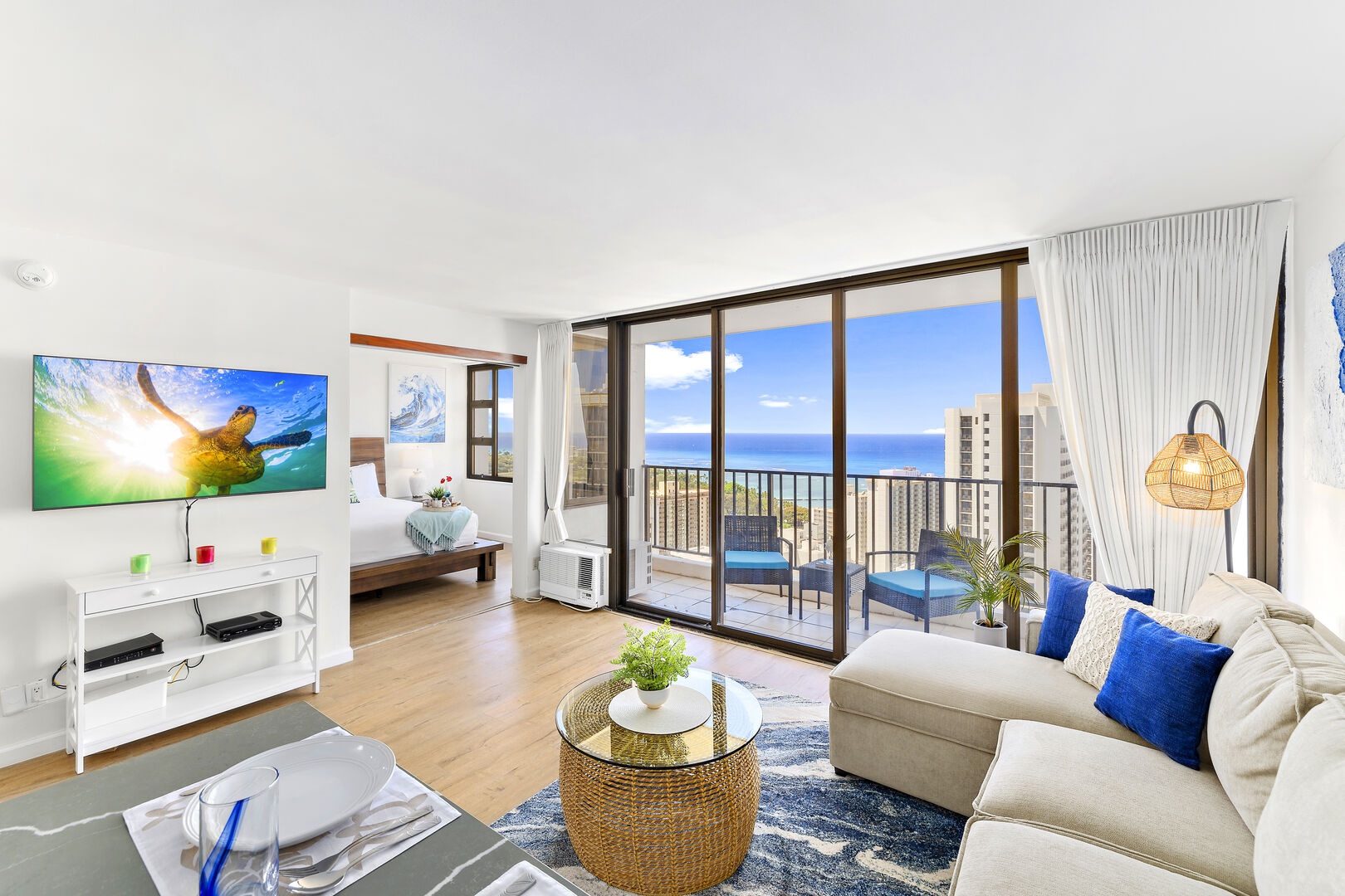 Fully renovated spacious condo with a stunning ocean view from the living room.