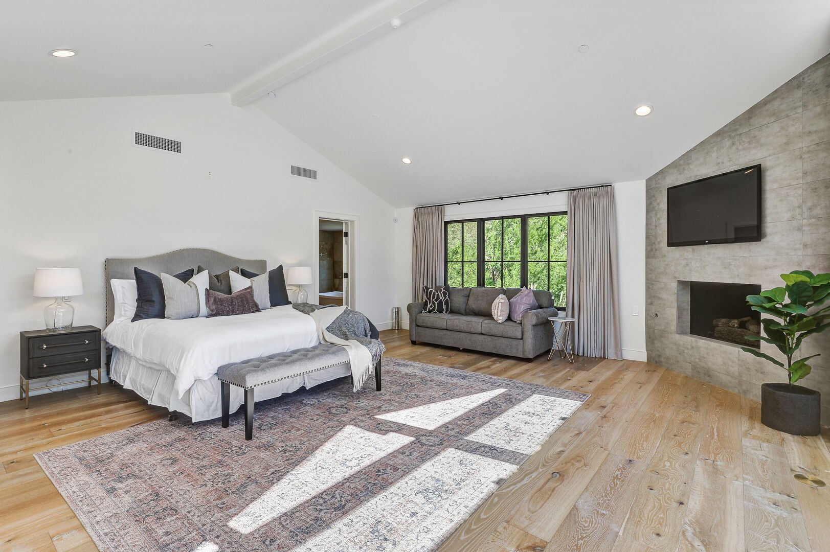 The expansive master bedroom in the east wing, featuring views of the fireplace, TV, and a queen sofa sleeper.